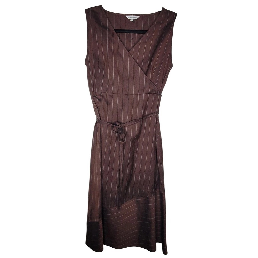Charivarie L Brown Striped Wrap Dress Sleeveless Belted Midi V-Neck Woven - Picture 1 of 9